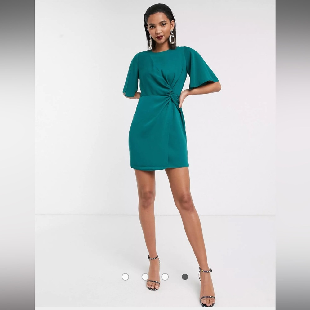 ASOS | ASOS DESIGN twist front mini dress with angel sleeve in antique green